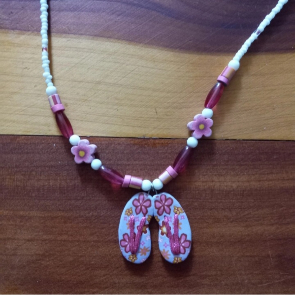 Girls Y2K Summer Flip Flop Pink Purple Beaded Charm Pendant Necklace